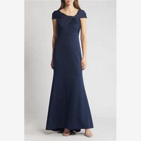 Eliza J Dresses & Skirts - Eliza J New Navy Blue Wrap Neckline Scuba Crepe Maxi Trumpet Gown Dress Size 8